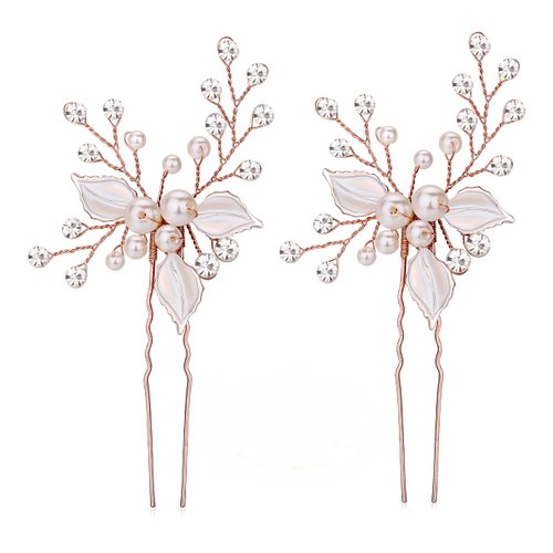 Ammei Headpiece Rose Gold Wedding Hair Pins Pure Handmade Leaves Design Bridal Hair Pin with Rhin...
