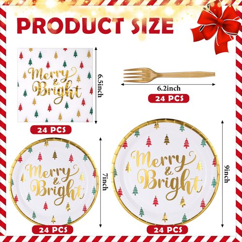 Lounsweer 96 Pcs Christmas Party Supplies Paper Plates and Napkins Disposable Dinnerware Set Include Christmas Plates Napkins Forks for Xmas Holiday Table Decorations 24 Guests(Christmas Tree)