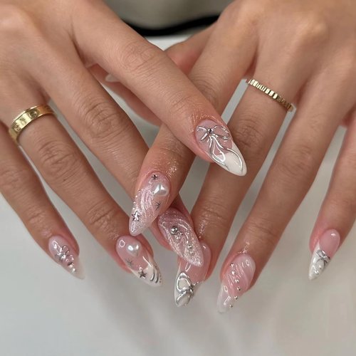 BABALAL Medium Almond Press on Nails White French Tip Fake Nails Sliver Bow Glue ons Nails 3D Water Ripple Design Acrylic Nails 24Pcs Y2k Star Stiletto False Nails with Design