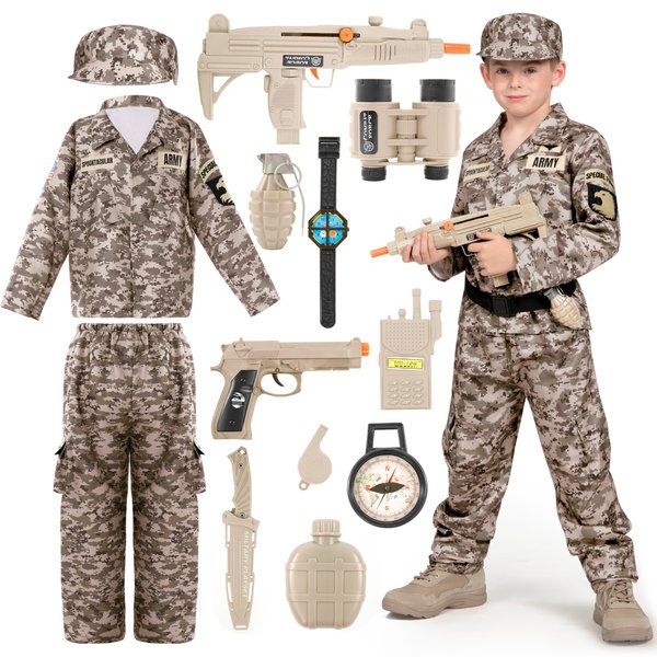 Spooktacular Creations Army Costume for Kids, Desert Camo Military Costume, Halloween Costumes for Boys Pretend Play Party (Small (5-7 YRS))