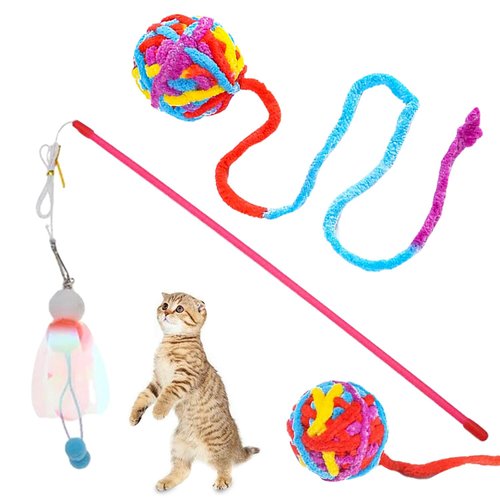 Cat Toy Bundle for Interactive Play, Cat Teaser Wand, cat Wool Ball Assorted Colors and Textures