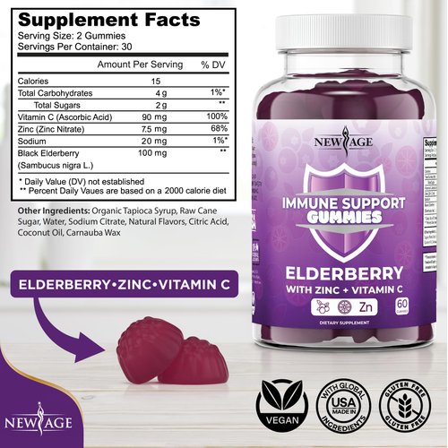 NEW AGE Immune System Support Gummies - Sambucus Black Elderberry Gummies with Vitamin C and Zinc (Immune Support 120 Gummies)
