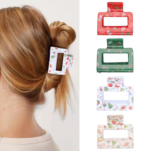 4 Packs Christmas Hair Clips Small Rectangle Hair Claw Clip Snowman Pattern Hair Jaw Clip Strong Hold Nonslip Hair Clips Xmas Hair Claws for Thin Thick (Style B)