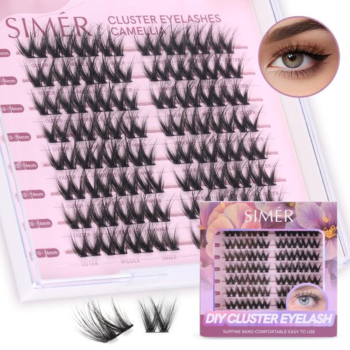 SIMER Lash Clusters DIY Eyelash Extensions 64 Clusters Lashes 3D Layered Volume Eyelash Clusters D Curl Reusable Fluffy Individual Lashes DIY at Home(10-14mm Mixed)