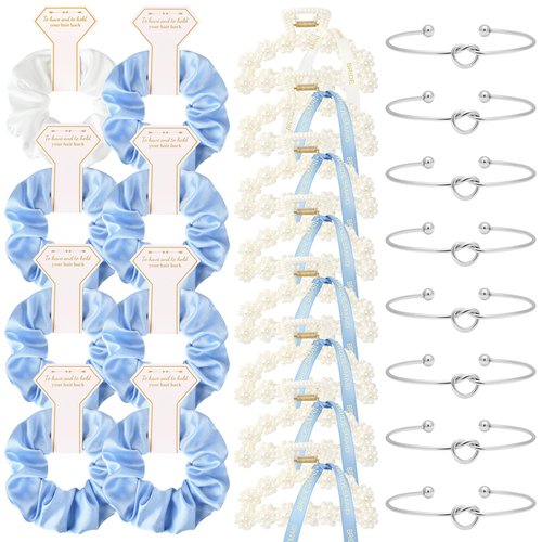 DEEKA 24 Pcs Bridesmaid Gifts Set Pearl Hair Claw Clips & Tie the Knot Bridesmaid Bracelet & Satin Scrunchies Proposal Gift Box Bridal Party Gift Bachelorette Party Favors (White&Blue)