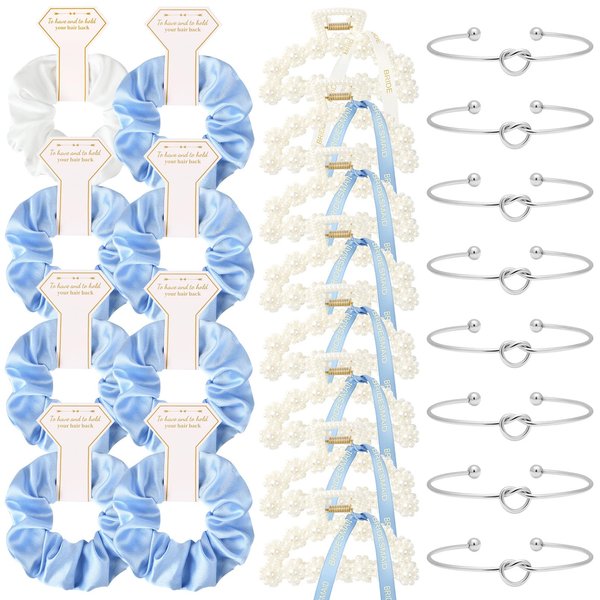 DEEKA 24 Pcs Bridesmaid Gifts Set Pearl Hair Claw Clips & Tie the Knot Bridesmaid Bracelet & Satin Scrunchies Proposal Gift Box Bridal Party Gift Bachelorette Party Favors (White&Blue)