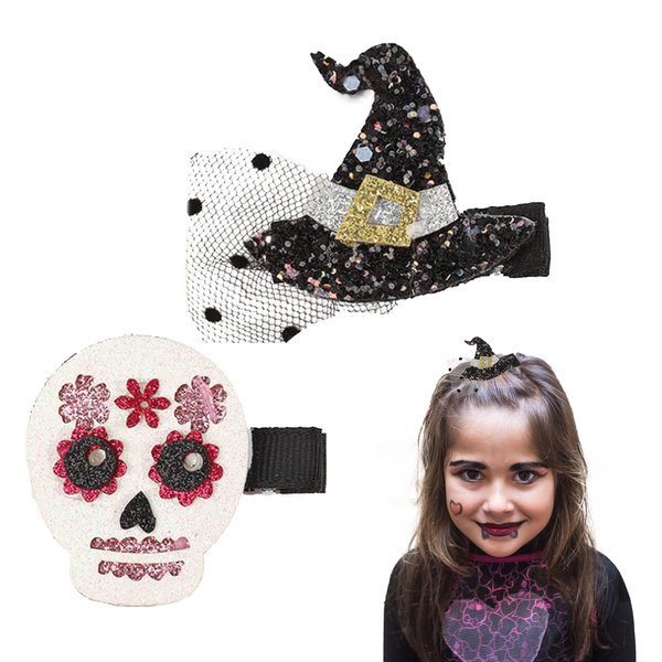 2pcs Halloween Hair Clips for Girls, Witch Hat Hairclip Sugar Skull Hair Clip Skeleton Hair Barrettes Gothic Punk Halloween Hair Accessories Mexican Day of the Dead Party Accessories for Women Girls