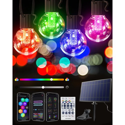 Solar String Lights Outdoor Waterproof RGB, 50Ft App& Remote Control Solar Powered Patio lights with 25 LED, Dimmable Music Hanging Lights for Balcony Deck Gazebo Pergola Camping Decor