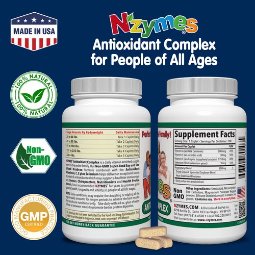 Nzymes® Antioxidant Complex for People. Powerful Antioxidant Supplement, Vitamin C, Vitamin E, Vitamin A, Selenium, Live Sprouted Enzymes. 180 Count - Made in The USA