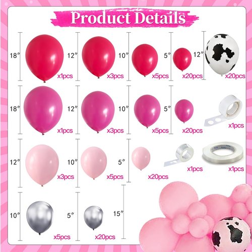 Cowgirl Cow Balloons Garland Kit Hot Pink Silver Balloons 4D Balloons for Baby Shower Birthday Farm Western Cowgirl Disco Theme Party Supplies Decorations
