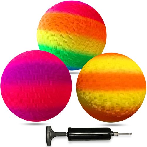 CICITOYWO Bounce Playground Balls for Kids, 3 Pack, Rainbow Playground Ball Set for Kids, Inflatable Ball, Dodgeball with Hand Pump for Kids Camps Schoolyard Games Outdoor Sports (Colorful-8.5'')