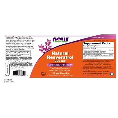 NOW Supplements, Natural Resveratrol 200 mg with Red Wine Extract, 120 Veg Capsules