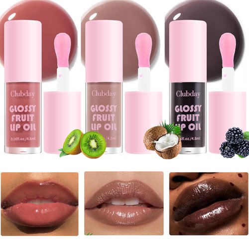 Domality Glossy Fruit Lip Oil Set, 3Pcs Pink/Nude/Translucent Black Lip Gloss, Plumping Nourishing Hydrating Moisturizing Long Lasting Lip Makeup Set