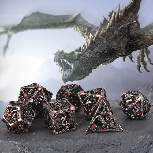 DND Dice,Hollow D&D Metal Dice,Dungeons and Dragons Dice Set with Gift Box,7 PCs Steampunk Polyhedral Dice Games Set for RPG,MTG,Pathfinder,(Dragon Blood Spattered)