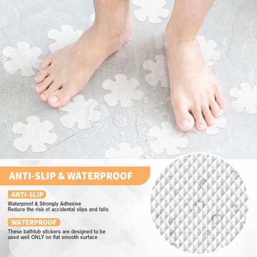 Non Slip Bathtub Stickers, 24 PCS Shower Stickers for Safety Bathroom Tubs, Bathtub Non Slip Stickers and Adhesive Decals Scraper for Bath Tub, Shower Floor, Stairs, Ladders(Flower Shape, Clear)