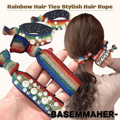 BASEMMAHER 20Pcs Glitter Rainbow Hair Ties Gay Pride Colorful Knotted Stretch Hair Rope Pearl Elastic Bracelet Ponytail Holder Hair Scrunchie Accessories for Women Girls LGBTQ Parade Party Headpiece