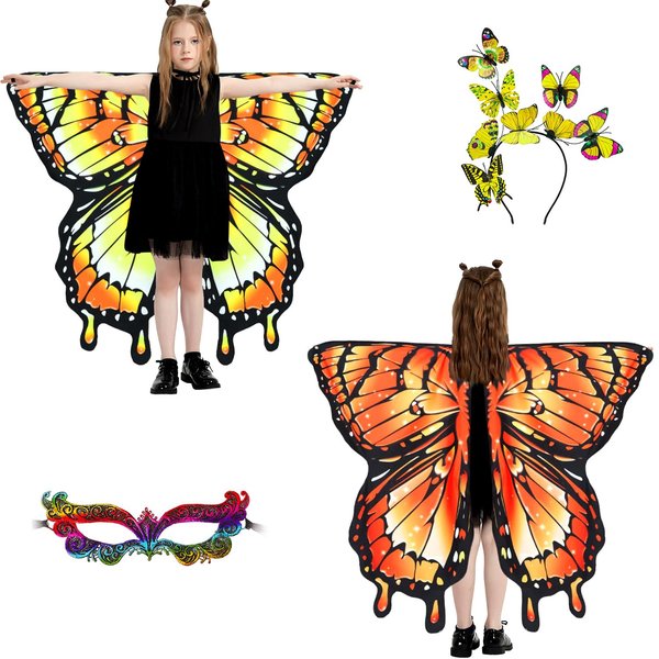 plainshe Halloween Costumes for Girls，Double Sided Butterfly Wings, Monarch Butterfly Costumes，3PCS Kids Fairy Wings Set.