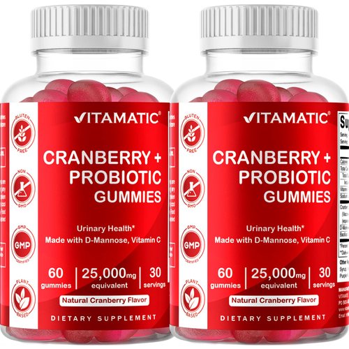 Vitamatic 2 Pack Vegan Cranberry Gummies, 25000 per Serving - Made with Probiotics, D-Mannose & Vitamin C - 60 Count - Supports Healthy Urinary Tract Function - (Non-GMO, Gluten Free)