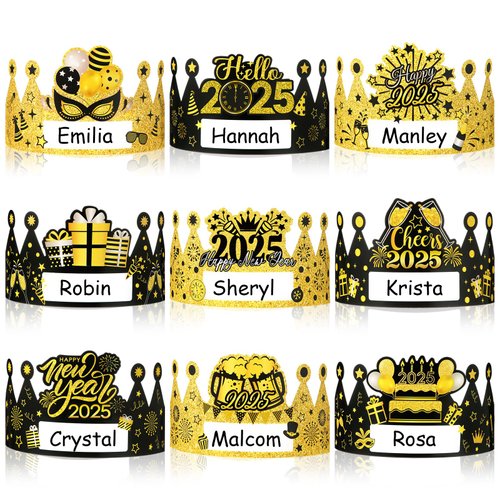 Faccito 36 Pcs Happy New Years Paper Crowns Adjustable Name DIY Hats for 2025 New Year's Party Decorations Favors Supplies(Black Gold)
