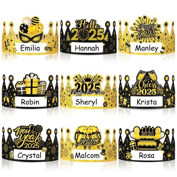 Faccito 36 Pcs Happy New Years Paper Crowns Adjustable Name DIY Hats for 2025 New Year's Party Decorations Favors Supplies(Black Gold)