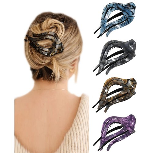 French Concord Curved Hair Clips - 4Pcs Acrylic Hair Claw Clips for Women Thick Hair Flat Hair Clips Strong Hold Claw Clips (Medium, Rock Pattern(Blue/Coffee/Gray/Purple))