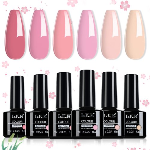 LKE Gel Nail Polish Set 6 Colors Spring Light Pink Nude Gel Polish Set Gel Nail Kit Soak Off U V/LED Nail Lamp Nail Art Design Manicure Pedicure for Home DIY & Salon Women Gift