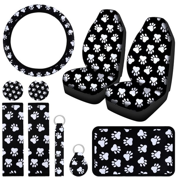 10 Pieces Dog Paw Car Accessories Set Dog Cat Paw Print Car Seat Covers Car Steering Wheel Cover Dog Paw Car Cup Holder Armrest Pad Cover Seat Belt Pads Key Chain Wrist Strap for Car SUV Truck