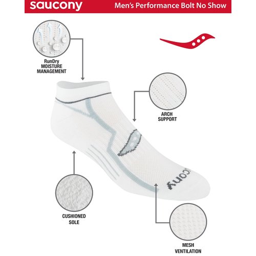 Saucony Men's Multi-Pack Bolt Performance Comfort Fit No-Show Socks, White (6 Pairs), Shoe Size: 8-12