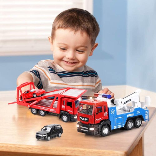 Winrayk 4Pcs Tow Truck Toys with Mini Toy Cars Set Pull Back Cars with Lights and Sound Trailer Transporter Vehicles Truck Toy, 1:50 Scale Metal Diecast Toy Trucks for Boys Girls 3 4 5 6 7 8 Years Old