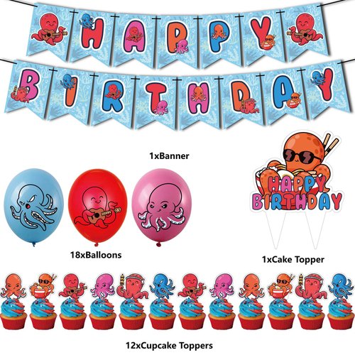 Octopus Birthday Party Supplies Cute Octopus Party Decorations Include HAPPY BIRTHDAY Banner Balloons Cake Topper Cupcake Toppers Cartoon Animals Birthday Party Decorations