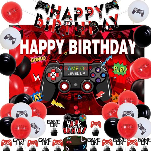 Video Game Birthday Party Decorations Red and Black Gamer Game on Birthday Party Supplies Video Game Happy Birthday Backdrop Banner Cake Topper Game Controller Foil Balloon for Boys