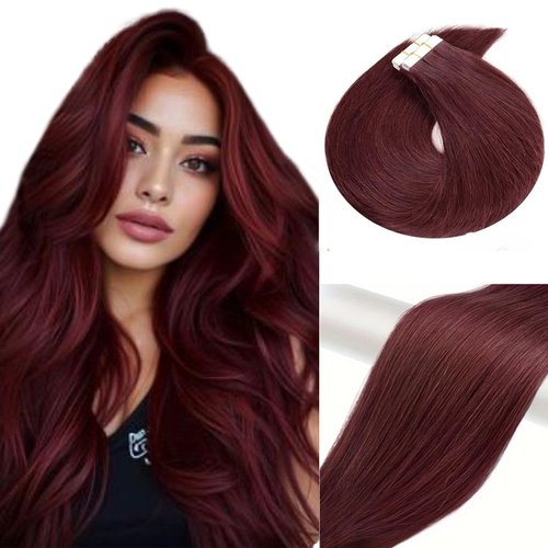 Munx Wine Red Tape in Hair Extensions Remy Hair 22 Inch 60g 20pcs/Packs Red Silky Straight Reusable Double-Side Seamless Real Human Hair Tape in Extensions, 1.7637 Ounce