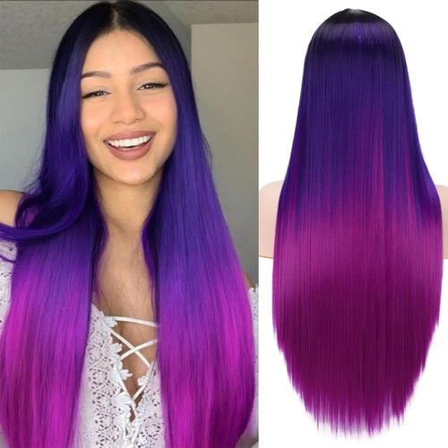 Sabosi Long Straight Ombre Wigs for Women Mermaid Wig Rainbow Colorful Wigs Black To Blue To Hot ...