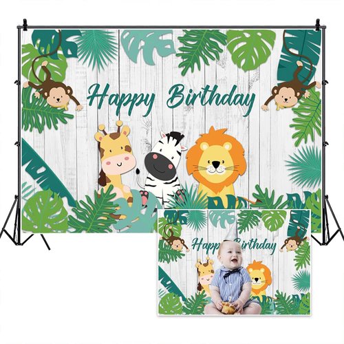 Yeele 7x5ft Safari Animals Happy Birthday Backdrop Jungle Wildlife Tropical Green Leaves Rustic Wooden Photography Background for Kids Birthday Party Decorations Cake Table Banner Supplies Vinyl