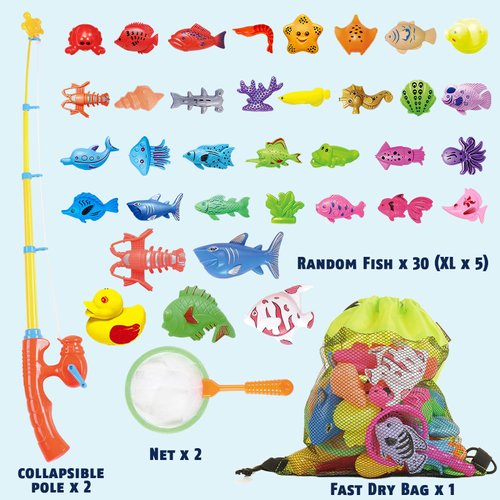 CozyBomB™ Magnetic Fishing Toys Game Set for Kids | Water Table Bathtub Kiddie Pool Party & Pole Rod Net, Plastic Floating Fish Toddler Color Ocean Sea Animals Birthday Age 3 4 5 6 Year