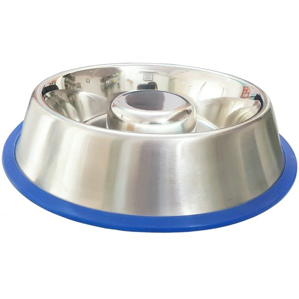 Mr. Peanut's Stainless Steel Interactive Slow Feed Dog Bowl with a Blue Silicone Base, Fun Healthy Bloat Stop Feeder (Medium)
