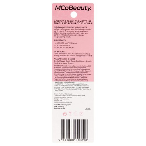 MCoBeauty Ultra Stay Matte Liquid Lipstick - Creamy Formula That Lasts Up To 16 Hours - Delivers Flawless, High-Impact Color In A Matte Finish - Unique Arrow Applicator - Dusty Rose - 0.16 Oz