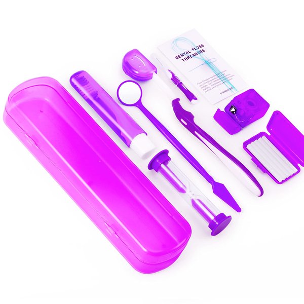 Braces Kit Cleaning Tools Boxed 8 Pack for Orthodontic, Portable Travel Dental Pick Tool Set for Braces, Interdental Brush, Ortho Wax, Floss, Oral Mirror Included - Purple