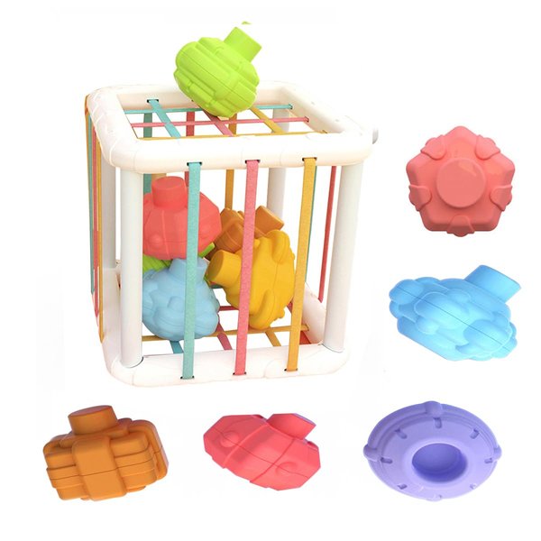 SJANSHO Montessori Toys,6 Pc Multi Sensory Shape Toys and Cube Bin Toys, Shape Sorter Baby Toys for Girls Boys Birthday Gift,Toddler Developmental Learning Toys,Learning & Fine Toys