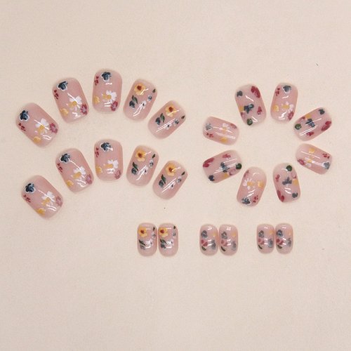 Square Press on Nails Short Fake Nails with Flower Designs Glossy Glue on Nails Cute Acrylic Nails Nude Full Cover Artificial Stick on Nails for Women 24Pcs