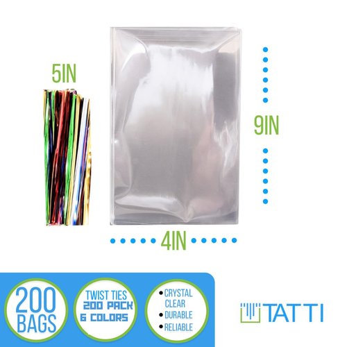 TATTI 200 Pack Clear Plastic Cellophane Bags Goodie Bags 4X9 With 5inches Twist Ties Candy Bags Cookie Bags Treat Bags Clear Gift Bags Cellophane Treat Bags 4x9 Inch