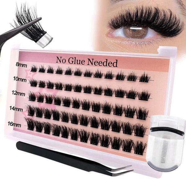 Self Adhesive Lash Clusters Kit Flu-ffy 8-16mm No Glue Lashes Press On Lashes, 60 Pcs Glueless DIY Eyelash Extensions Kit Pre Bonded Lash Clusters with Eyelash Curler and Lash Tweezers(No Glue HG04)