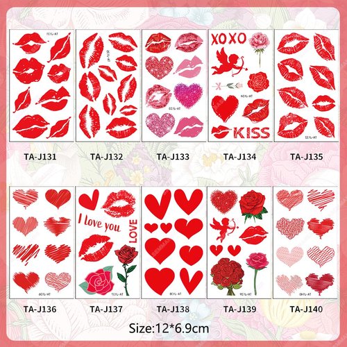 BASEMMAHER 83Pcs Valentine's Day Red Lips Heart Temporary Tattoo Stickers Red Lip Kiss Love Cupid Rose Bouquet Waterproof Fake Tattoos for Women Girls Man Face Body Lover Theme Party Decorations