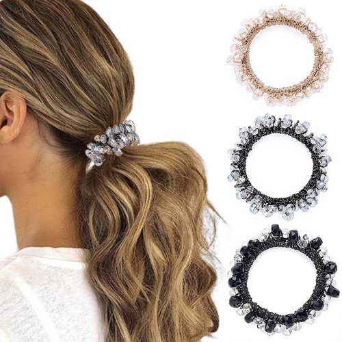 CAKURE Rhinestone Bead Hair Ties Champagne Hair Scrunchies Elastic Ponytail Holder No Damage Hair Rope Ties Hair Accessories for Women and Girls (Pack of 3)
