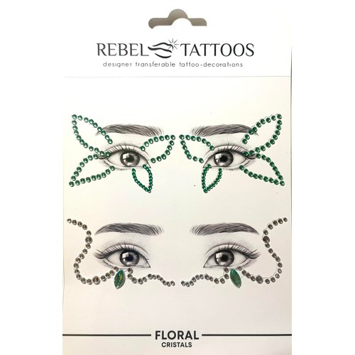 Rebel Tattoos Self-Adhesive Eye Pearls and Face Gems Jewels for Rave Party Festival Makeup, Reusable Multicolor Acrylic Crystal Temporary Tattoo Stickers, Mermaid Face Jewel Eye Stones(Green Floral)