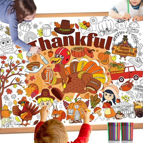 HOWAF Thanksgiving Coloring Poster with 24 pcs (12 Colors) Paint Pens, Happy Thanksgiving Jumbo Paper Coloring Banner Tablecloth Turkey Pumkin Turkey and Touchdowns Design for Fall Harvest Classroom Home Party Supplies