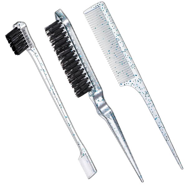 Geiserailie 3 Pcs Slick Back Hair Brush Set Bristle Hair Brush Edge Control Brush Teasing Comb for Women Baby Kids' Black Hair (Clear Blue)