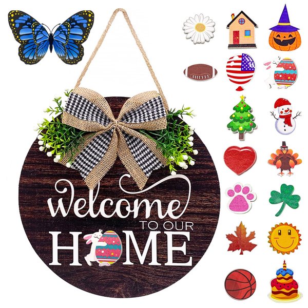 Interchangeable Welcome Sign Wreaths for Front Door - Seasonal Round Wood Door Sign, Farmhouse, Porch Wall Outdoor Hanging, for Valentine's Day，Easter，New Home Housewarming Gift Ideas