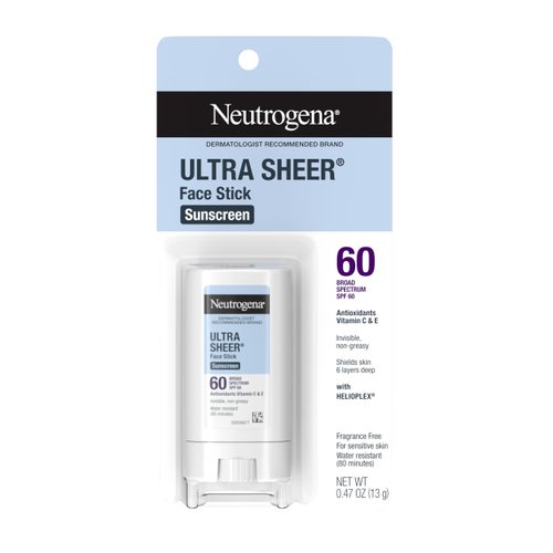 Neutrogena Ultra Sheer SPF 60 Face Sunscreen Stick, Water Resistant Facial Stick with Broad Spectrum SPF 60 Protection for Sensitive Skin, Mini Travel Sunscreen, Oxybenzone-Free, .47 oz
