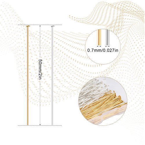 KINBOM 300pcs Straight Head Pins for Jewelry Making Assorted, 2inch Long End Head Pins Silver and Gold Jewelry Pins for Beads for DIY Crafts Earring Bracelet Necklace Pendant Supplies (Flat Head Pin)